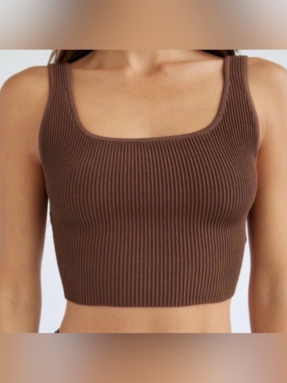 Aritzia Babaton Brown Ribbed Square-Neck Crop Tank